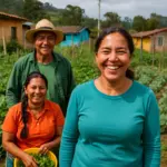 Mujer sonriente con camiseta aguamarina junto a dos personas en una huerta rural en Colombia, representando el trabajo comunitario en zonas de bajos recursos.