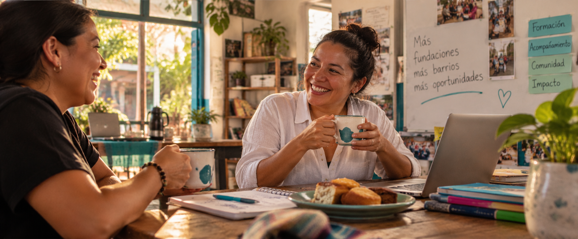 Dos mujeres conversan sonrientes con una taza en la mano y pan sobre la mesa