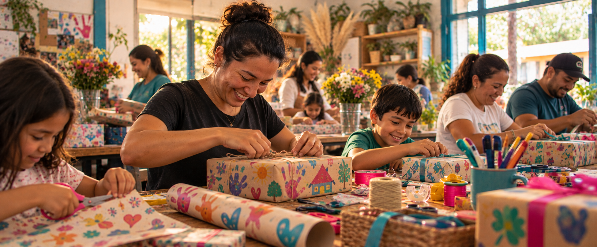 Niños, niñas y adultos envuelven regalos con papel pintado a mano en un taller comunitario