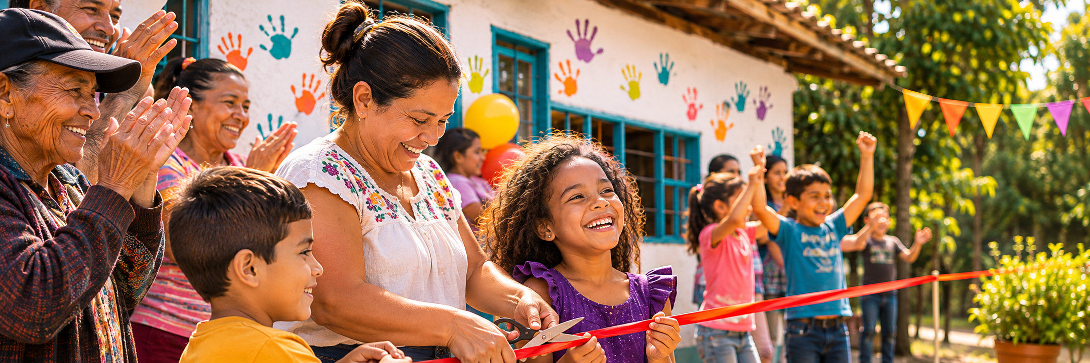 Inauguración de una fundación: una directora corta la cinta con niñas, niños y vecinos