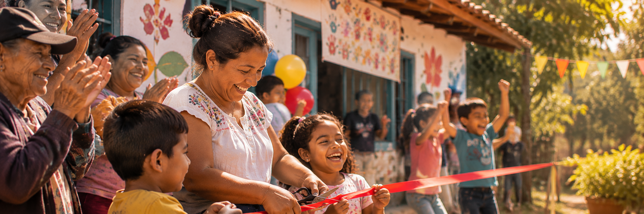 Una directora de fundación corta la cinta de su sede con niñas, niños y vecinos celebrando