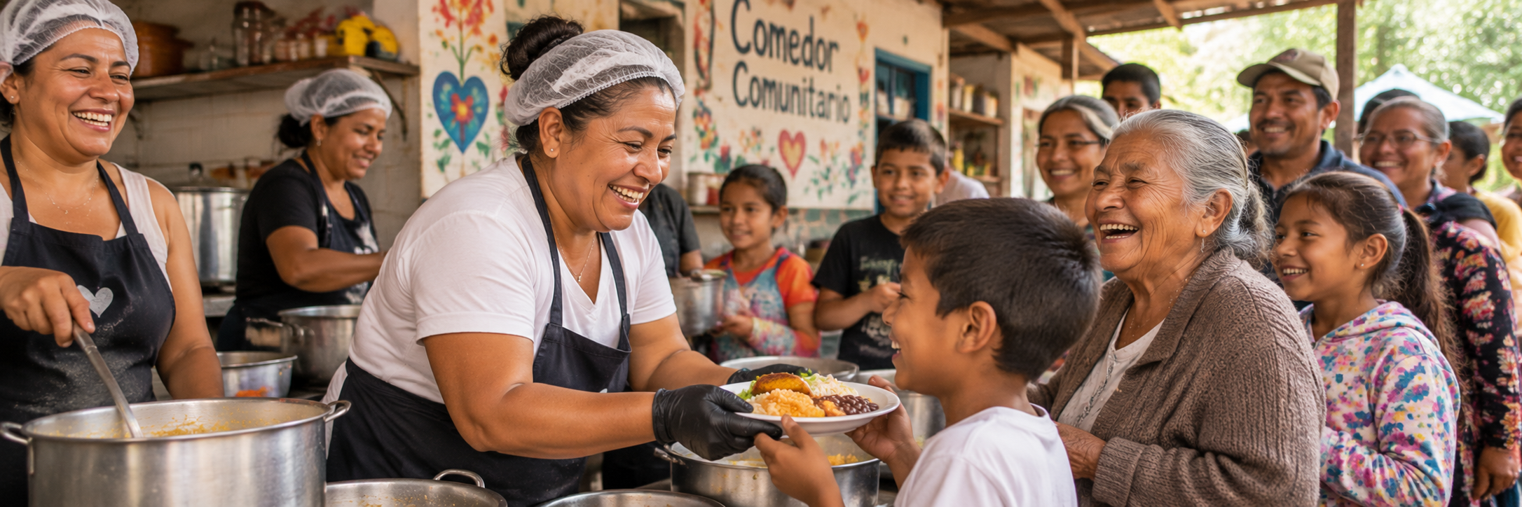 Comedor comunitario sirviendo almuerzo a niños y abuelos