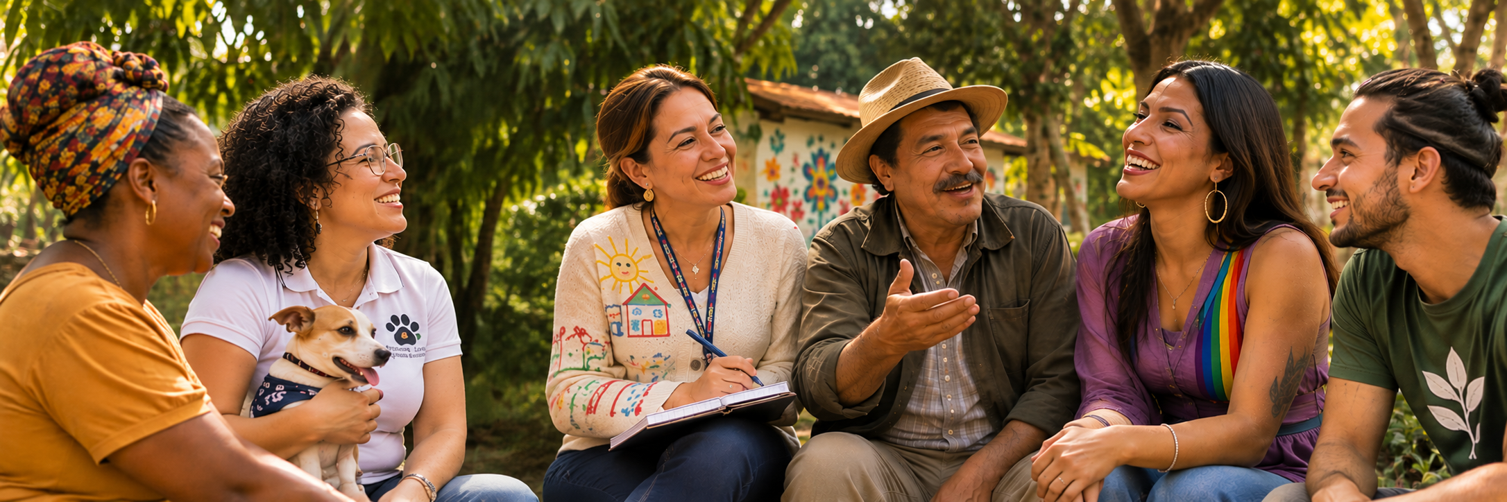 Líderes de fundaciones conversando bajo los árboles